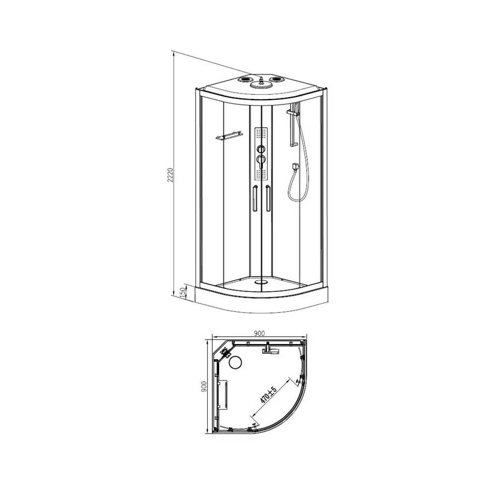 Dušo kabina Masterjero K3501, masažinė, pusapvalė, 90 cm x 90 cm x 220 cm