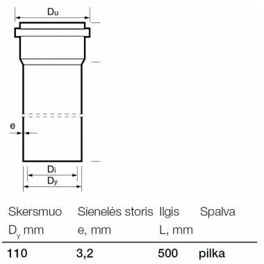 Vamzdis vidaus kanalizacijai Wavin, Optima, PVC, 110 mm, 0.5 m