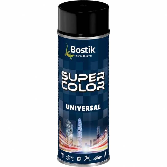 Aerozoliniai dažai Bostik Super Color Universal, paprastieji, blizgi juoda, 0.4 l