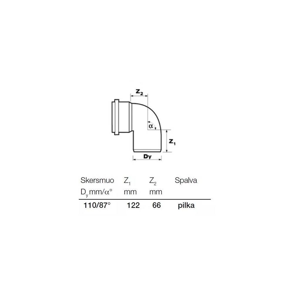 Alkūnė vidaus kanalizacijai Wavin Optima, 110 mm, 87 °