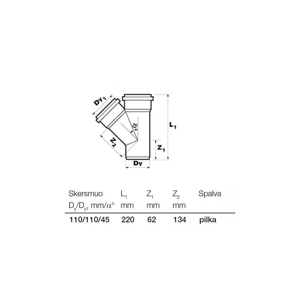 Trišakis vidaus kanalizacijai Wavin Optima, 110 mm x 110 mm, 45 °