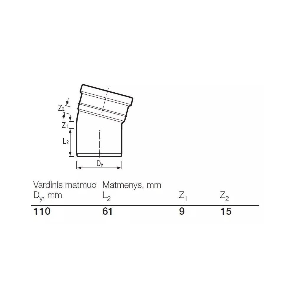 Alkūnė lauko kanalizacijai Wavin, 110 mm, 15 °