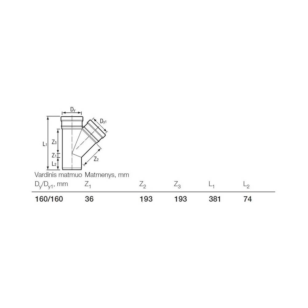 Trišakis lauko kanalizacijai Wavin, 160 mm x 160 mm, 45 °