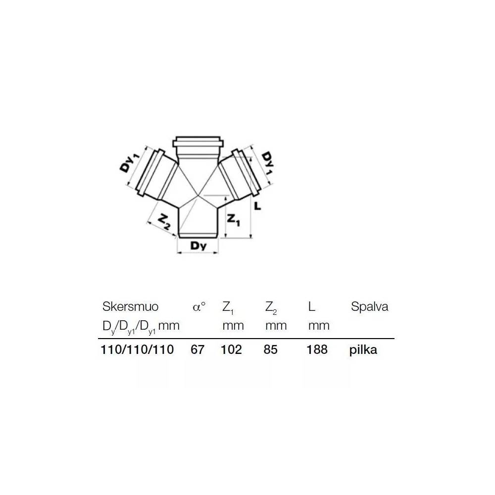 Keturšakis vidaus kanalizacijai Wavin Optima, 110 mm x 110 mm x 110 mm, 67 °