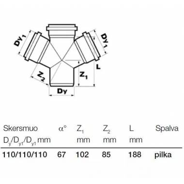 Keturšakis vidaus kanalizacijai Wavin Optima, 110 mm x 110 mm x 110 mm, 67 °
