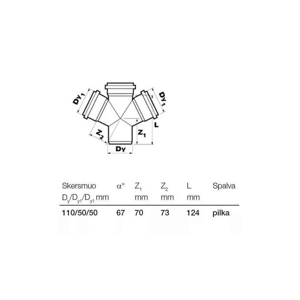 Keturšakis vidaus kanalizacijai Wavin Optima, 110 mm x 50 mm x 50 mm, 67 °