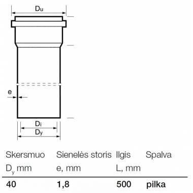 Vamzdis vidaus kanalizacijai Wavin, Optima, PP, 40 mm, 0.5 m