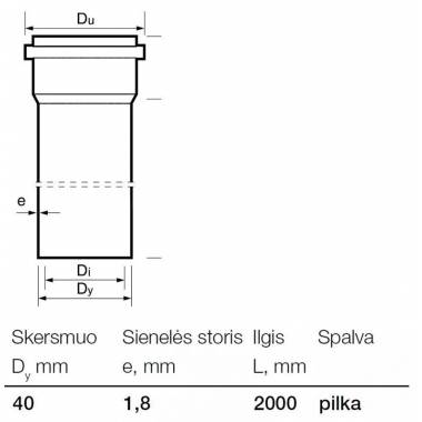 Vamzdis vidaus kanalizacijai Wavin, Optima, PP, 40 mm, 2 m