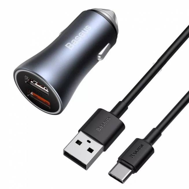 Automobilinis įkroviklis Baseus, 2 x USB/USB-C, 100 cm, pilka, 40 W