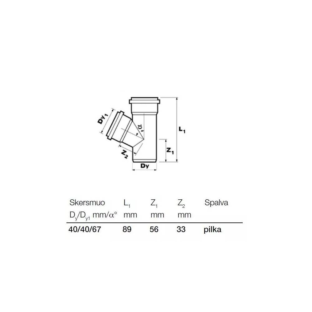 Trišakis vidaus kanalizacijai Wavin Optima, 40 mm x 40 mm, 67 °