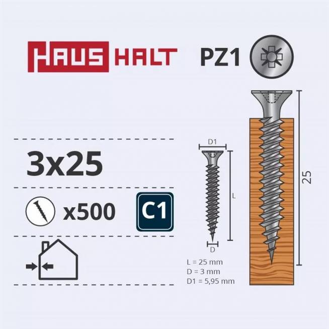 Medsraigtis Haushalt PZ1, 3 x 25 mm, balta, 500 vnt.