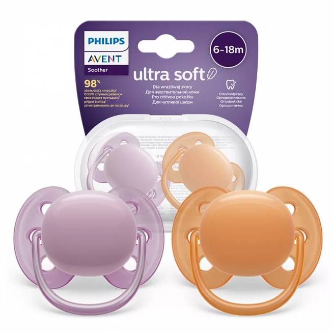 AVENT SCF091/33 "Ultra Soft" čiulptukas 6-18 m., oranžinis/violetinis