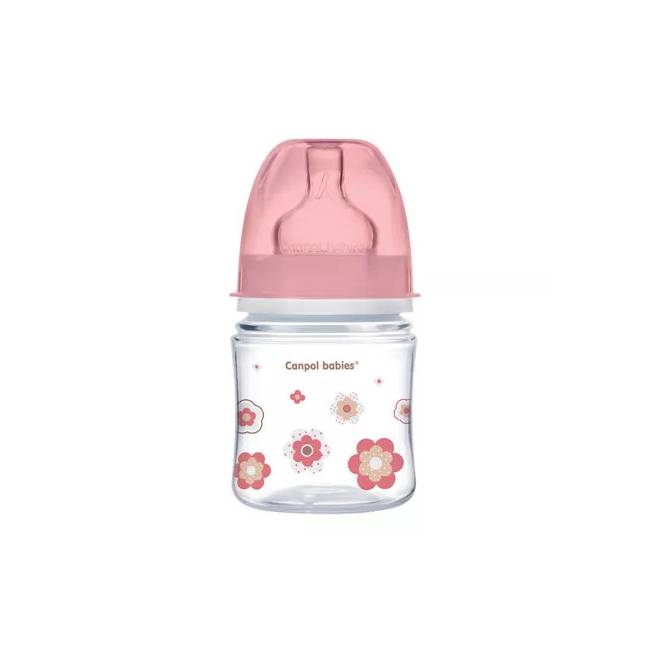 CANPOL 35/216 Easystart Newborn Baby 120 ml buteliukas su antikolikine apsauga plačia burna rožinės spalvos gėlės