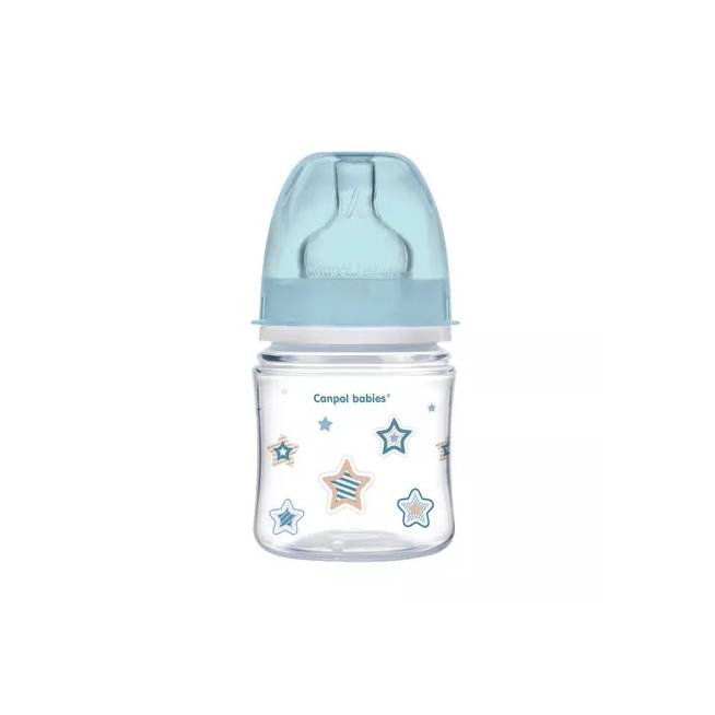 CANPOL 35/216 Easystart Newborn Baby 120 ml buteliukas su antikolikine apsauga plačia burna mėlynos spalvos žvaigždutės