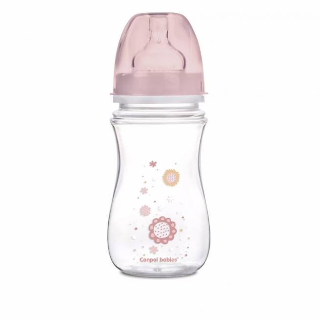 CANPOL 35/217 Easystart Newborn Baby plataus kaklelio buteliukas su antikolikine apsauga 240 ml rožinės spalvos gėlės