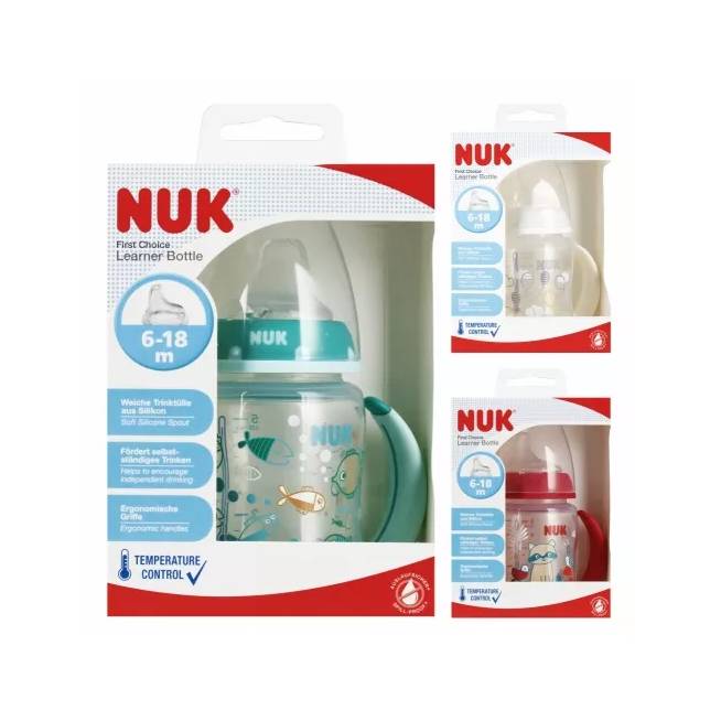 NUK 215335 FC+ 150 ml buteliukas su rankenėlėmis ir temperatūros indikatoriumi 6-18 m