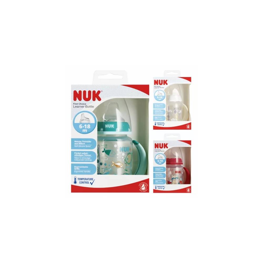 NUK 215335 FC+ 150 ml buteliukas su rankenėlėmis ir temperatūros indikatoriumi 6-18 m