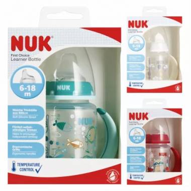 NUK 215335 FC+ 150 ml buteliukas su rankenėlėmis ir temperatūros indikatoriumi 6-18 m