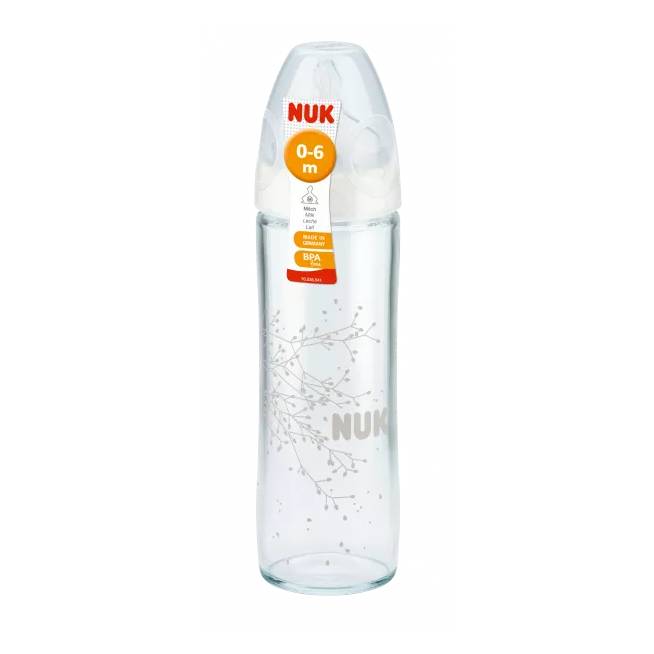 NUK 745080 FC+ stiklinis buteliukas 240ml NEW CLASSIC silikoninis čiulptukas 1M