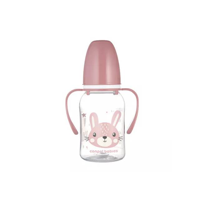 CANPOL 11/823 Standartinis buteliukas su rankenėlėmis 120 ml CUTE ANIMALS rožinės spalvos