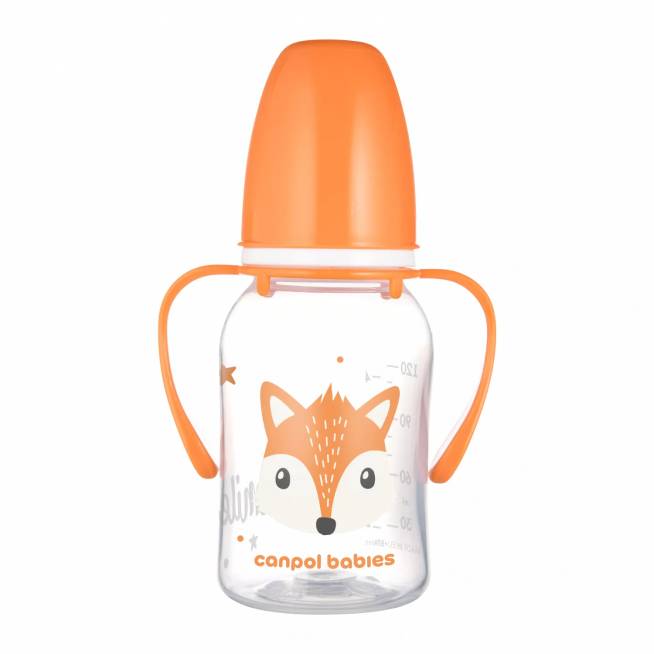 CANPOL 11/823 Standartinis buteliukas su rankenėlėmis 120 ml CUTE ANIMALS oranžinis