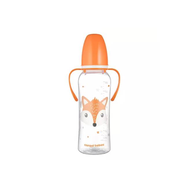 CANPOL 11/845 Standartinis butelis su rankenėlėmis 250ml CUTE ANIMALS oranžinis