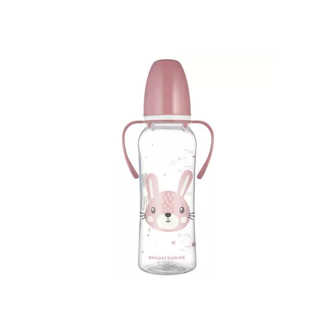 CANPOL 11/845 Standartinis buteliukas su rankenėlėmis 250ml CUTE ANIMALS rožinės spalvos