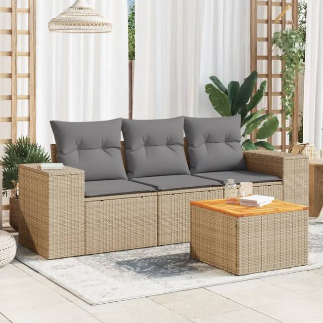 4-piece Outdoor Sofa Set with Cushions, Polyrattan