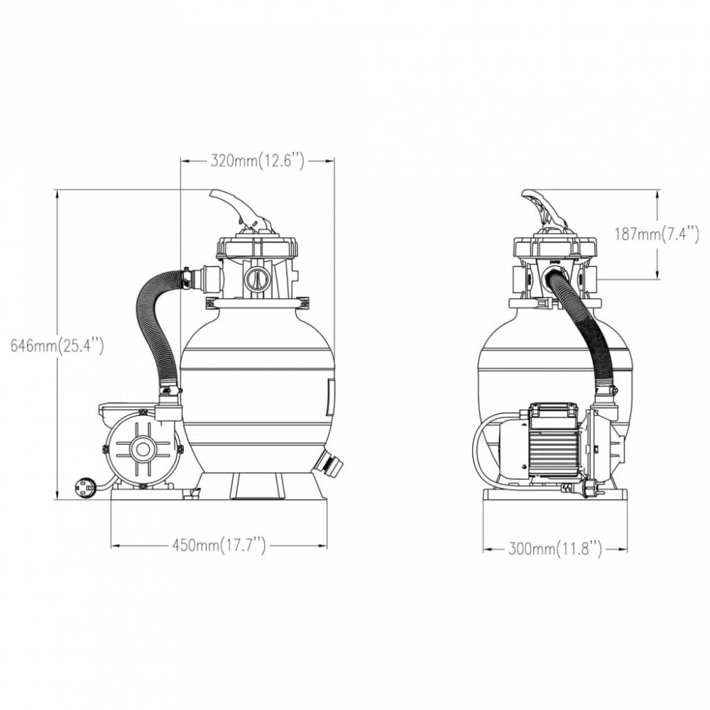 Baseino smėlio filtras su 6 krypčių vožtuvu, juodos spalvos